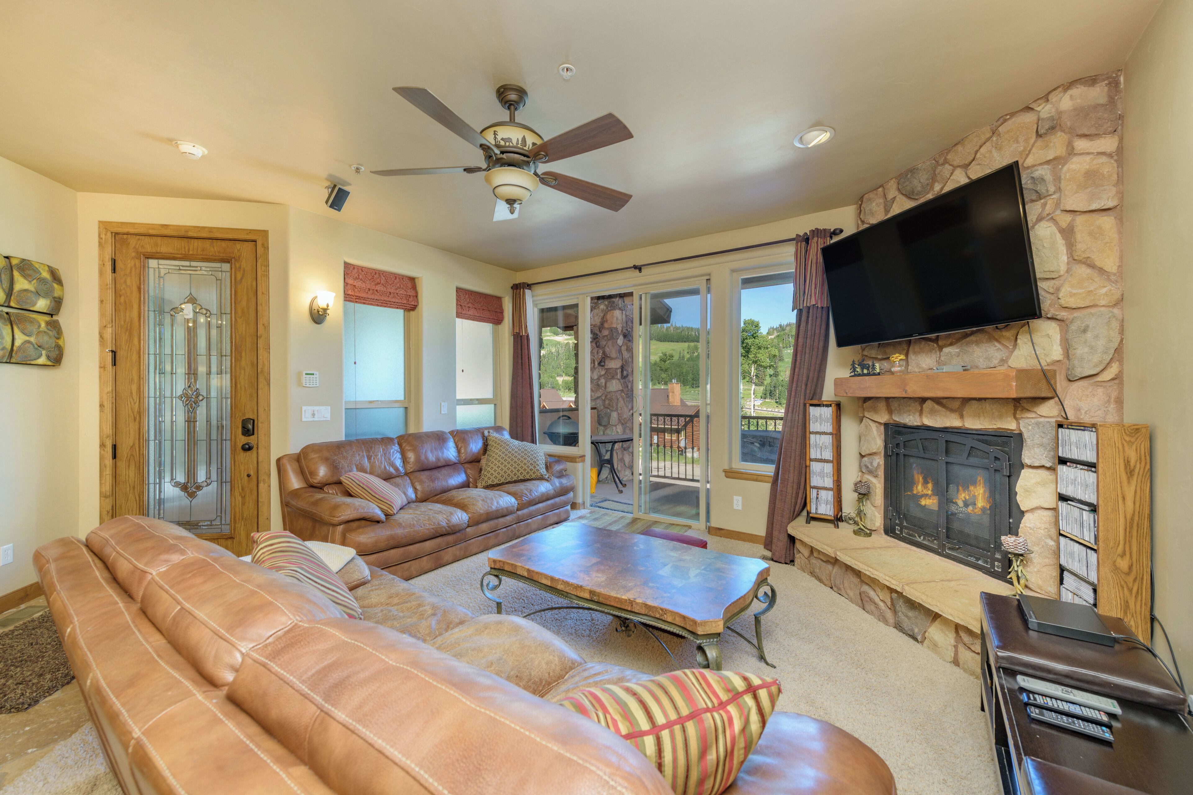 Smart TV, fireplace, video games, DVD player