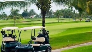 A golf course with two golf carts parked on the grass, surrounded by palm trees and a clear sky. - Price DROP!August 28-29 weekendprice has dropped! Ocean View 2nd floor/2bd 2bath (Port Aransas)