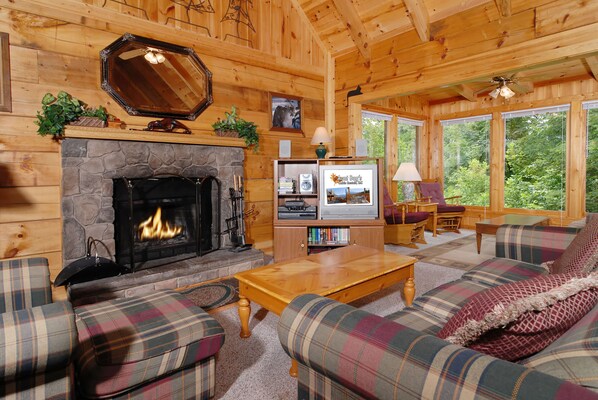 Flat-screen TV, fireplace, DVD player