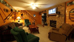 Cabin, 2 Bedrooms, Fireplace | Living room | TV, fireplace, DVD player