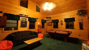 Cabin, 2 Bedrooms, Fireplace | Living area | TV, fireplace, DVD player