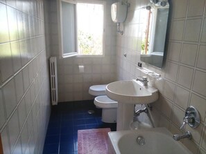 Habitación con 1 cama matrimonial o 2 individuales, baño en la habitación | Baño | Regadera, secadora de cabello, bidet 