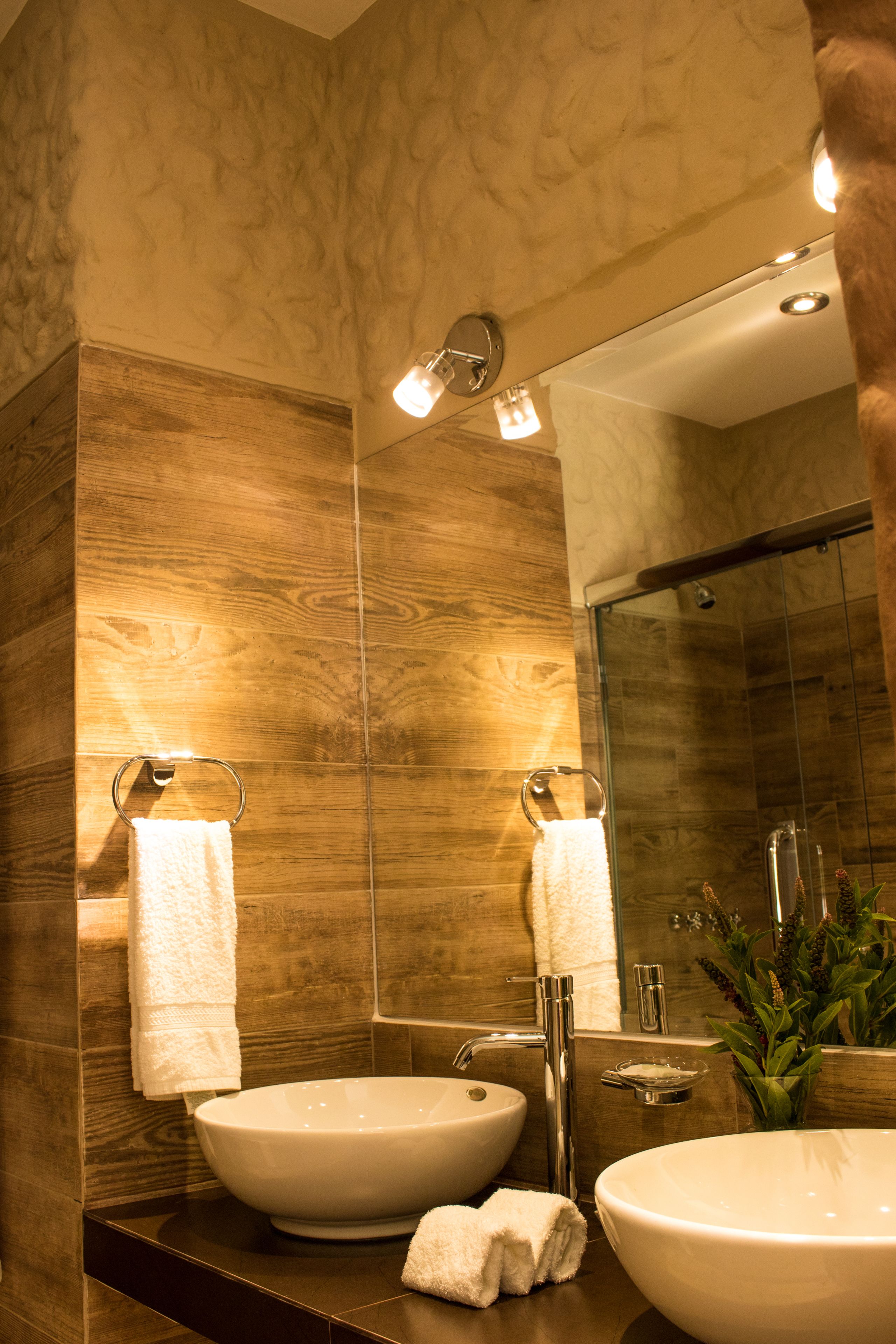 A bathroom with two sinks, a mirror, and a shower.