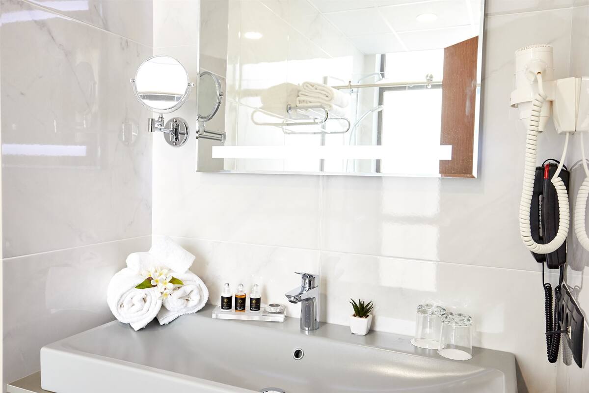 Une salle de bain avec un lavabo blanc, un miroir, un porte-serviettes, un sèche-cheveux et une petite plante en pot.