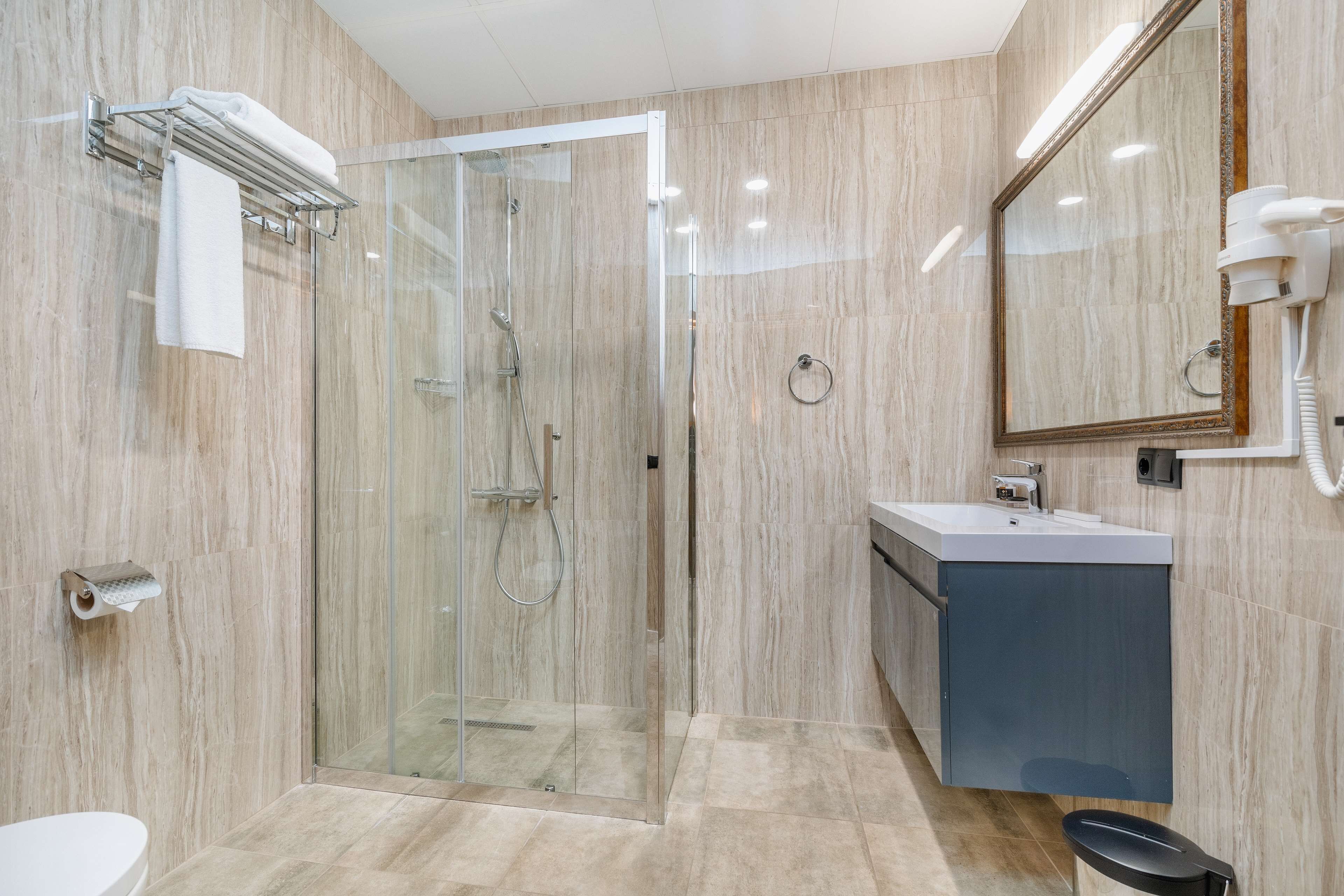 shower, rainfall showerhead, free toiletries, hair dryer