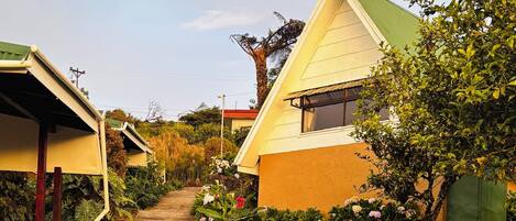 Un sendero bordeado de vegetación exuberante y pequeñas casas con tejados inclinados.