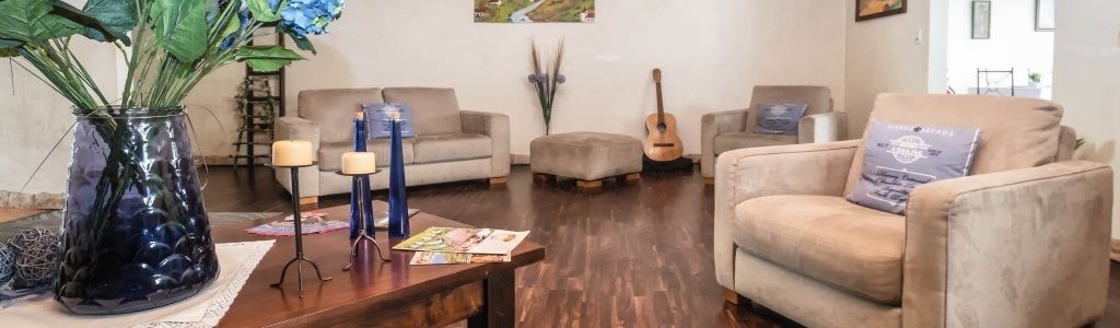 Ein Wohnzimmer mit zwei Sofas, einem Couchtisch, einer Gitarre und einer Pflanzvase.