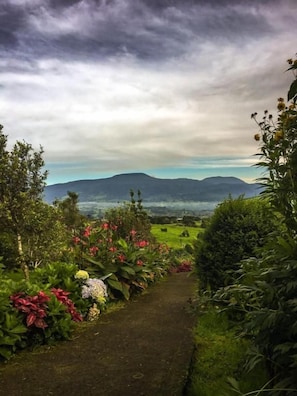 A pathway leading through a garden with a view of distant mountains. - Hortensias Chalets Vara Blanca (Vara Blanca)