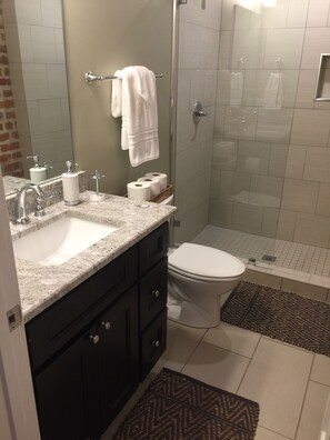 Combined shower/bathtub, hair dryer, towels, soap