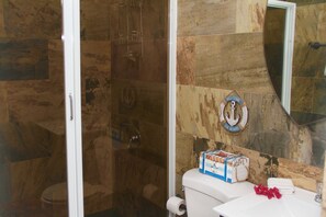 Secador de cabelo, toalhas de banho, sabonete, shampoo