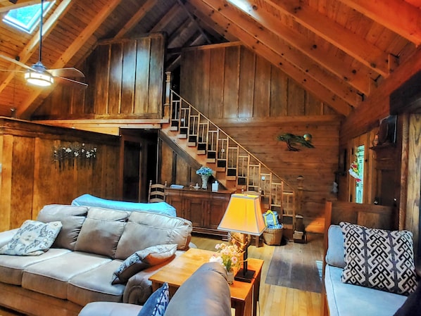 Smart TV, fireplace, books, streaming services
