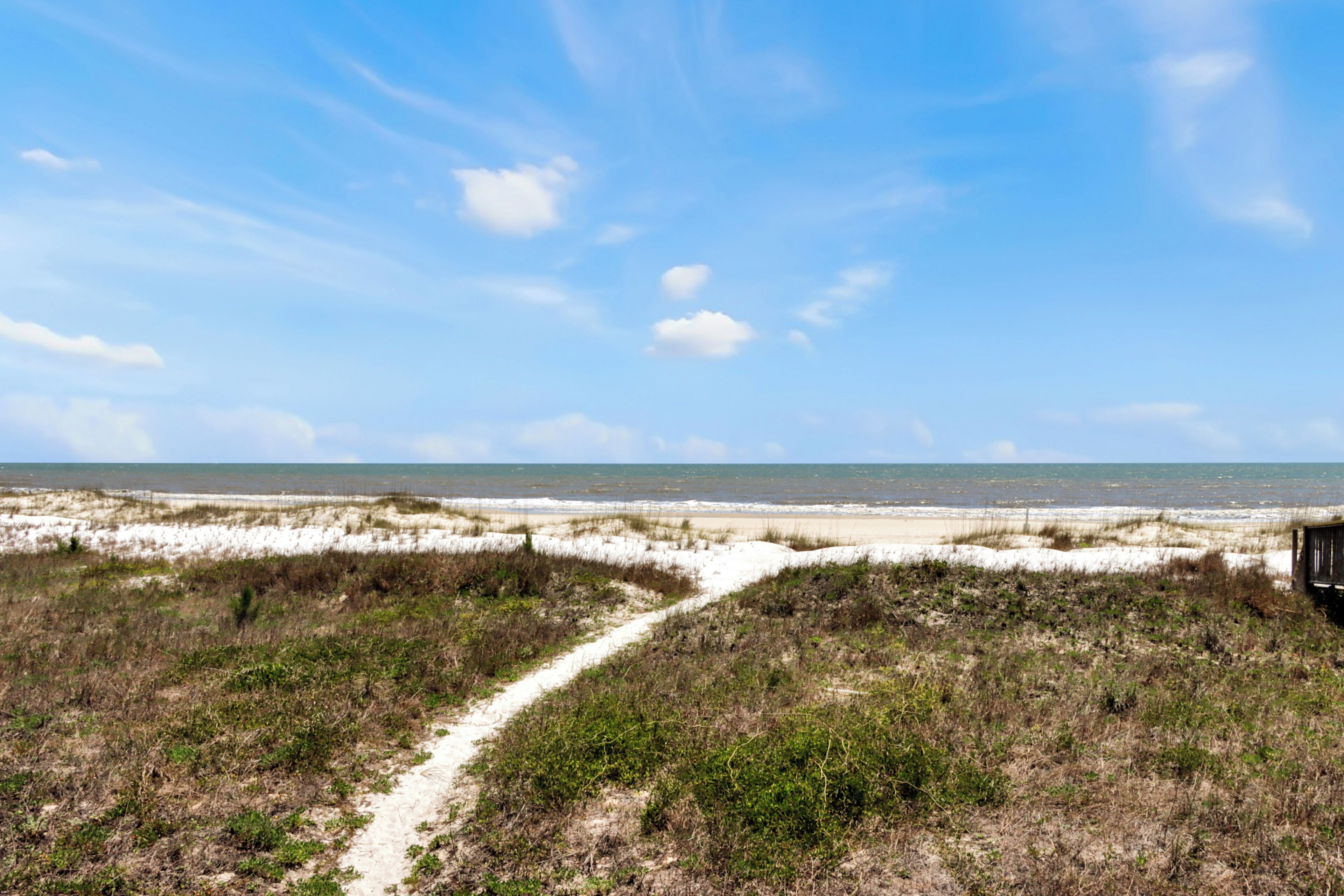 Een strandpad dat naar de oceaan leidt, met duinen en een heldere lucht.