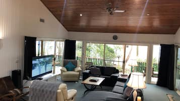 Smart TV, fireplace, DVD player, books
