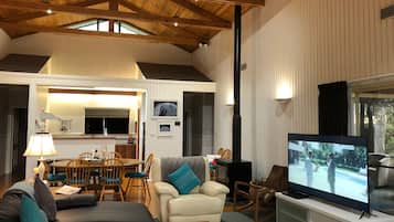 Smart TV, fireplace, DVD player, books