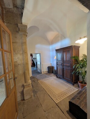 A hallway with stone walls, a wooden door, a large cabinet, and a potted plant. - Charming 16th-century country house, in Ardèche, with views of the Cévennes. (Chassiers)