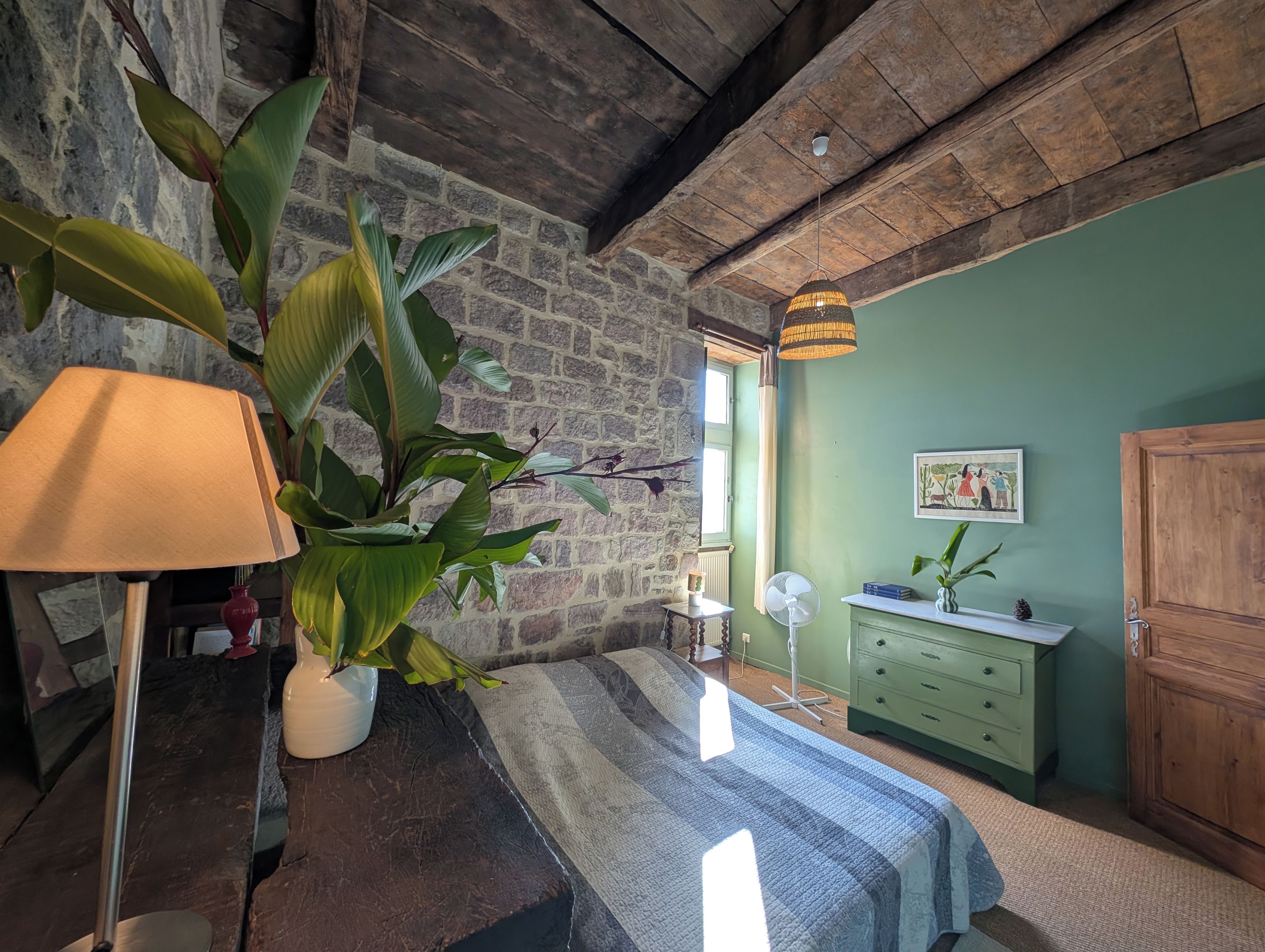 Une pièce comprenant un lit, une lampe, un ventilateur, une commode et une grande plante.