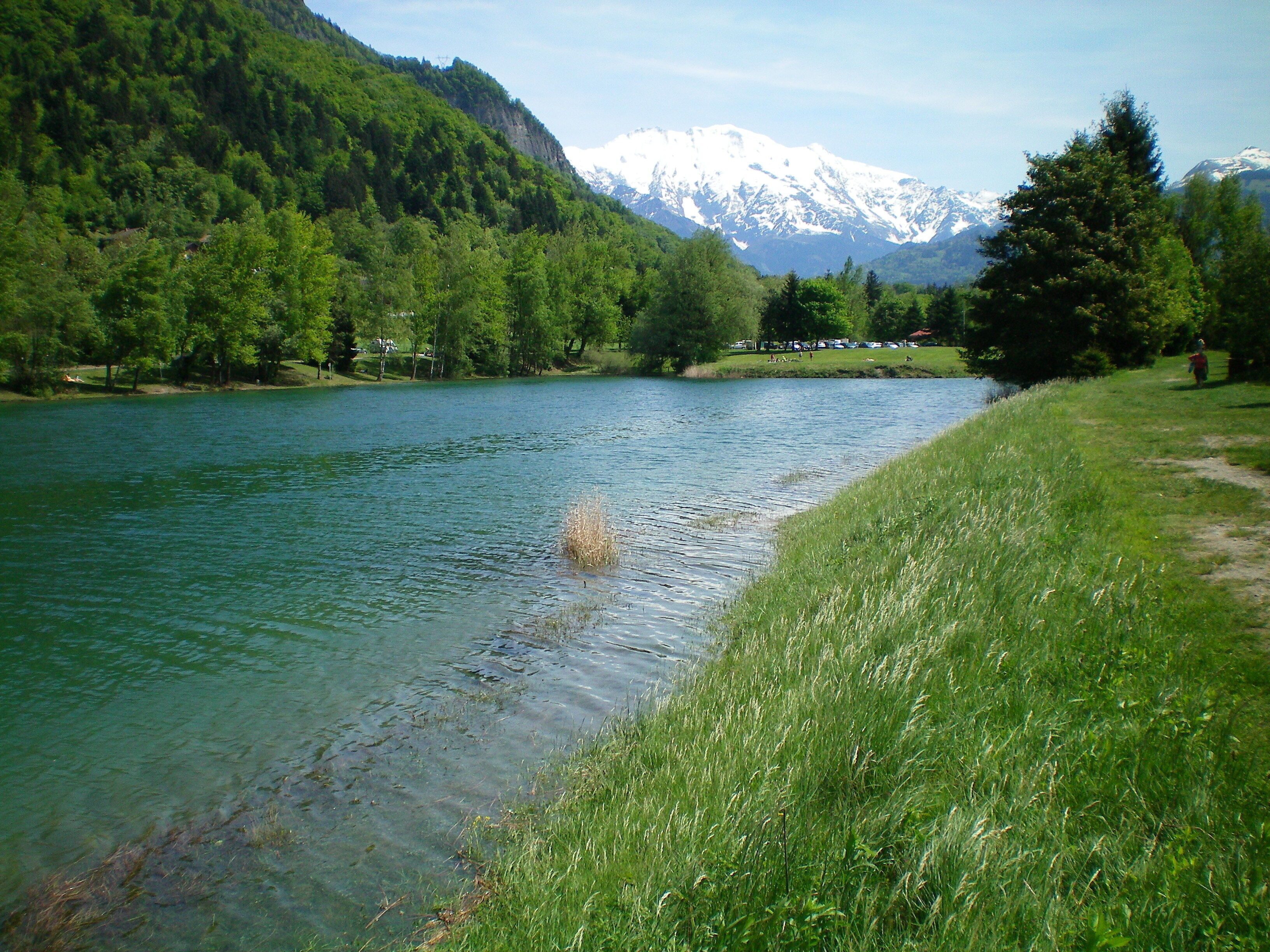 A river with a grassy bank and a mountain with snow-capped peaks in the background.