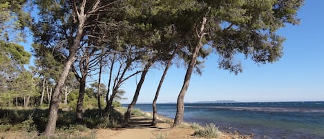 På stranden och solstolar