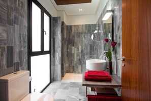 Douche, sèche-cheveux, bidet, serviettes fournies
