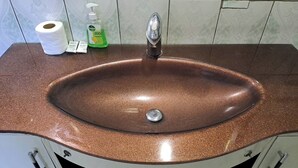 A bathroom sink with a copper finish, a faucet, a soap dispenser, and a roll of toilet paper. - Fun World Plaza Hotel (Nadi)