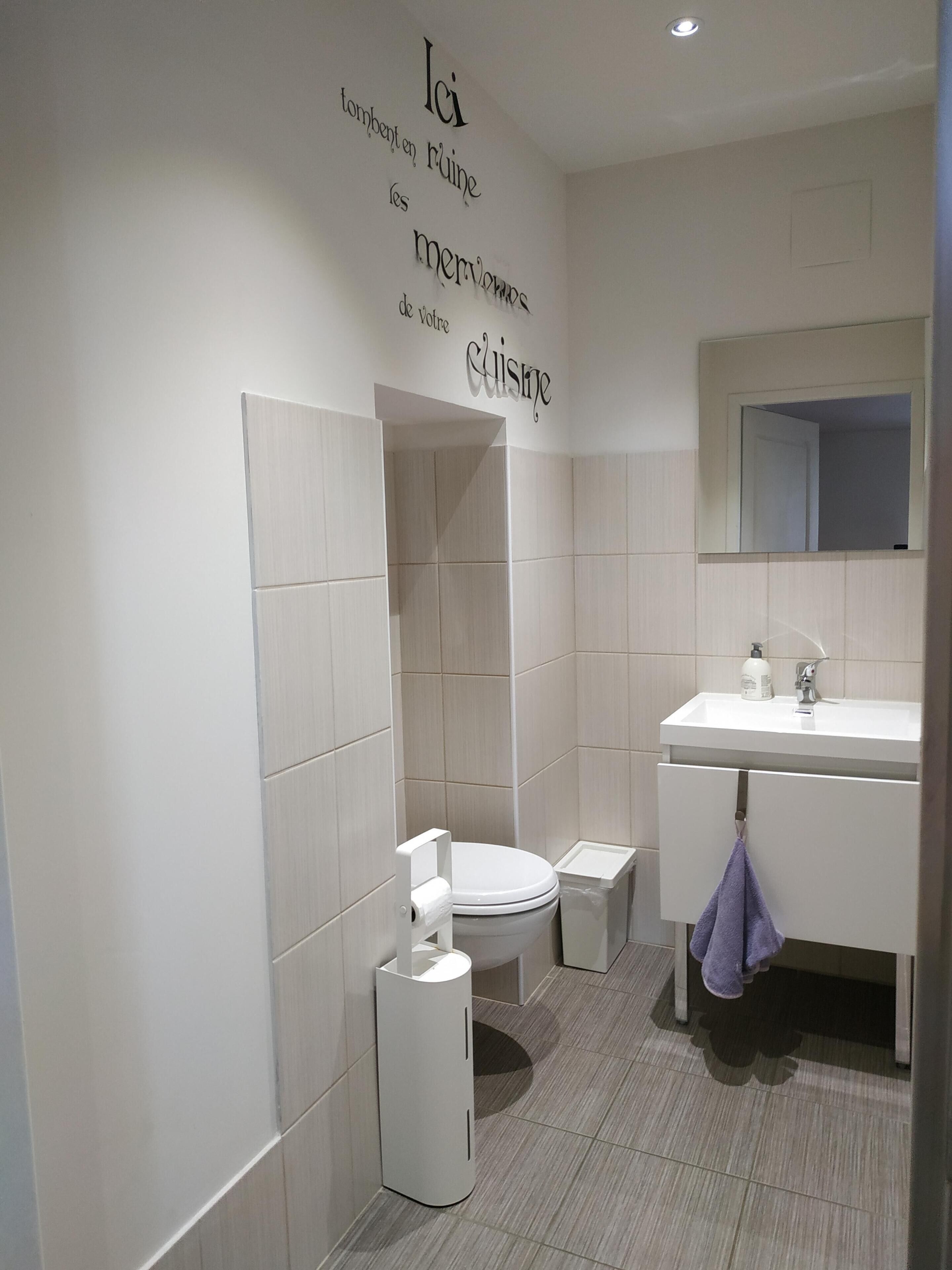 Une salle de bain moderne avec des toilettes, un lavabo et un miroir.