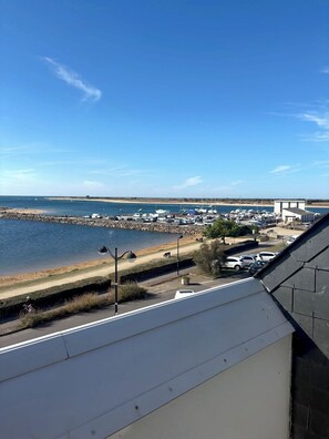 Une vue sur la côte, avec un port de plaisance, une plage et un bâtiment doté d’un toit en pente.
