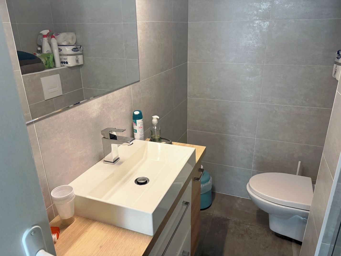A bathroom with a white sink, a toilet, and a mirror.