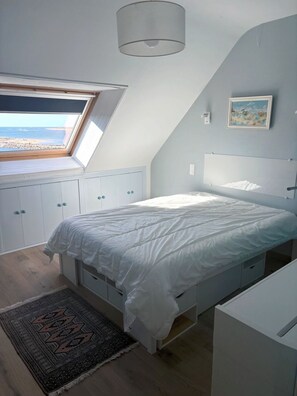 A bedroom with a skylight, a bed, a bedside table, a wardrobe, and a rug.