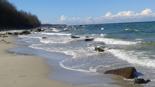 A beach with waves, rocks, and a clear sky. - NEW 2018 holiday home exclusively near the beach, sauna, fireplace, free WiFi, garden (Wiek /Rügen)