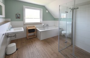 Bathtub, hair dryer, soap, toilet paper