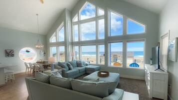 TV connectée, cheminée, lecteur de DVD, livres