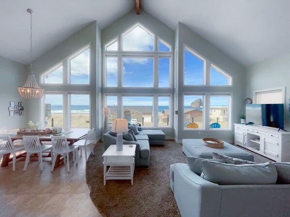 Smart TV, fireplace, DVD player, books