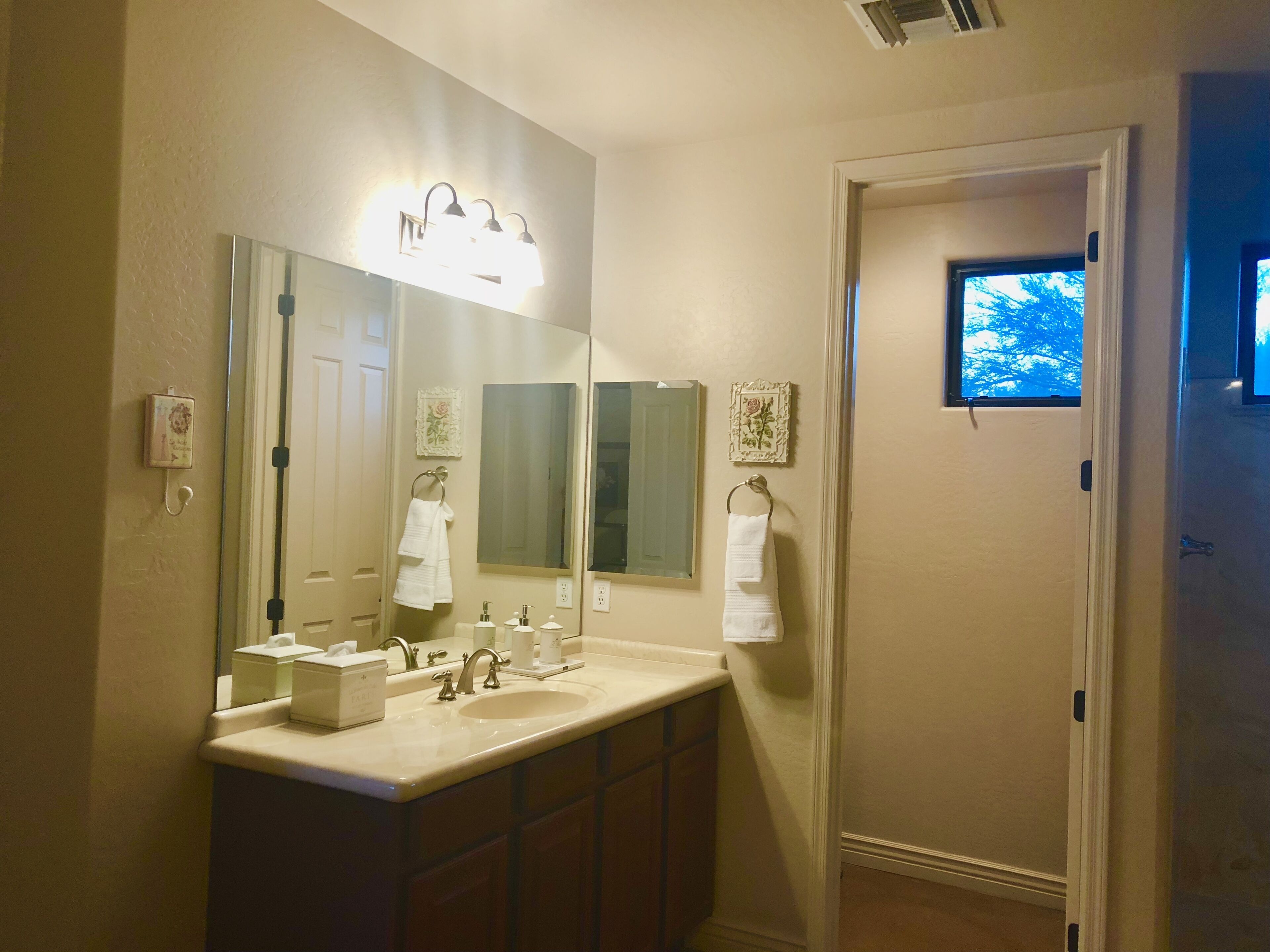 A bathroom with a large mirror, a sink, and a vanity. There are two towel racks and a window with a view of trees.