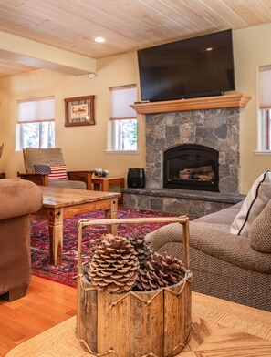 Smart TV, fireplace, DVD player, books