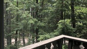 Une terrasse en bois avec une rambarde en métal, donnant sur une forêt dense.