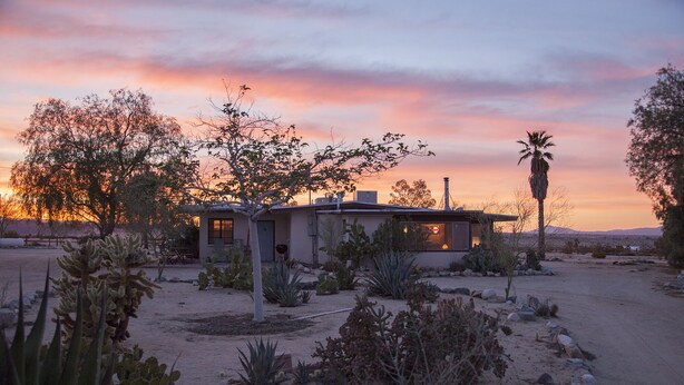 A desert-style house with a flat roof, surrounded by cacti and desert plants, under a sunset sky. - Midcentury Desert Escape (Twentynine Palms)