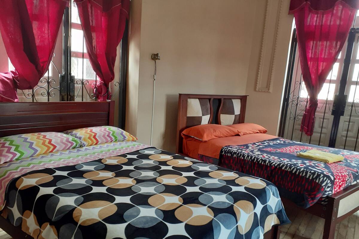 A bedroom with two beds, each with distinct patterned bedspreads.