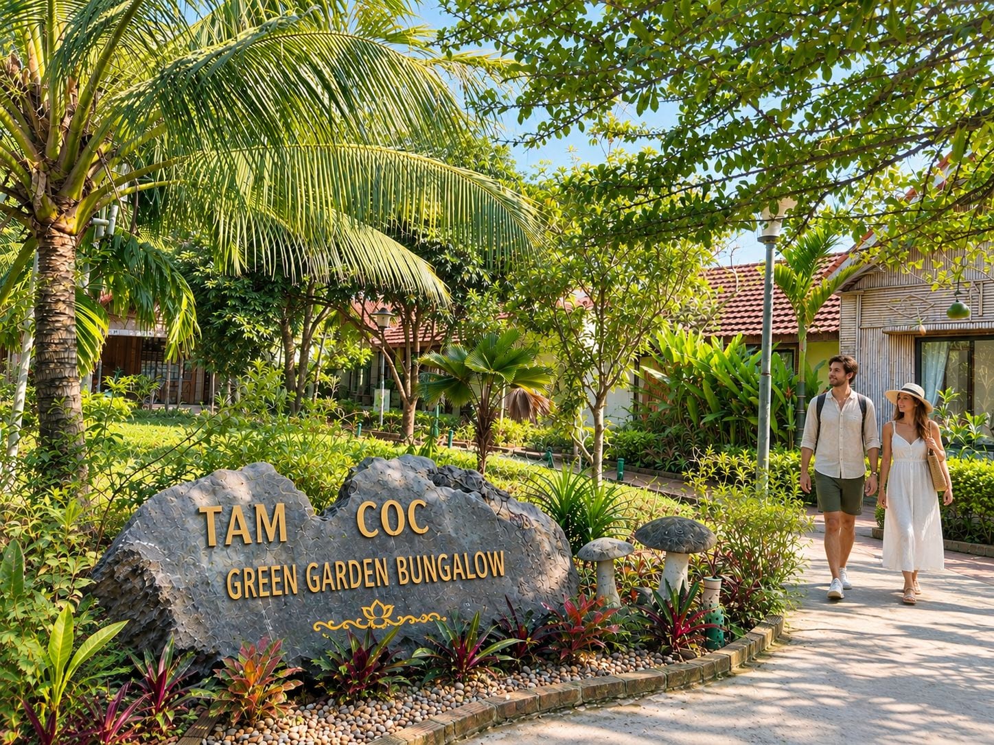 Señalización para 'IAM COC GREEN GARDEN BUNGALOW' con un sendero que lleva a un edificio.