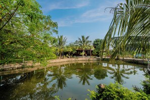 A serene pond with reflections of palm trees and a gazebo in the center.