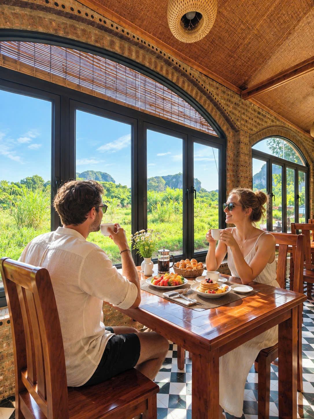 A dining area with a view of lush greenery, a wooden table, and a checkered floor.