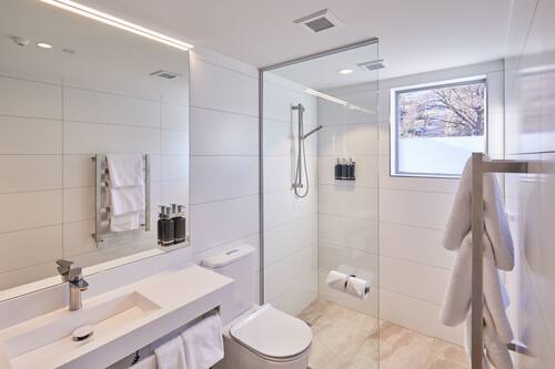 Shower, rainfall showerhead, free toiletries, hair dryer