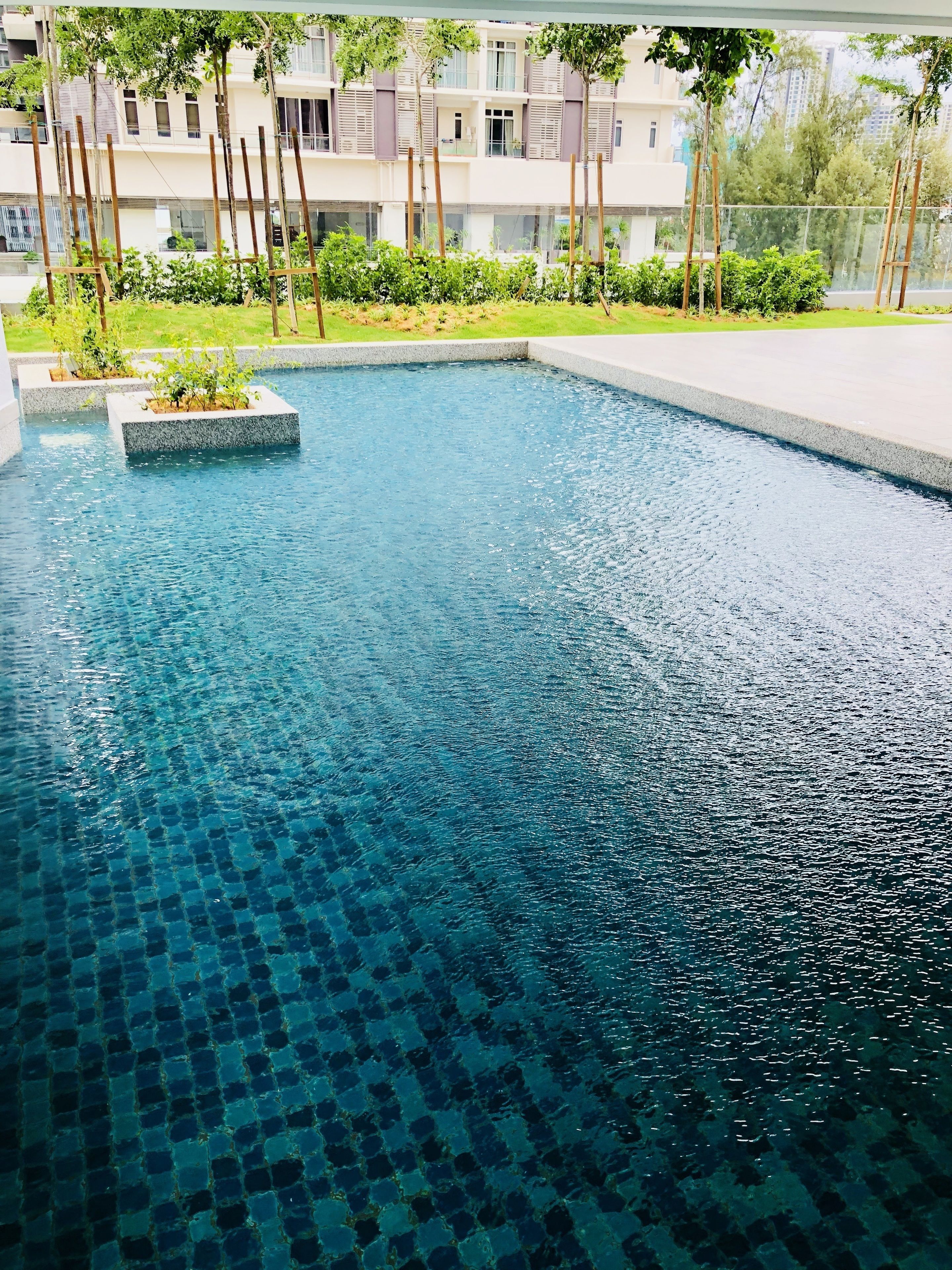 A rectangular swimming pool with clear blue water, surrounded by a low stone wall and small plants.