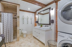 Hair dryer, towels, soap, shampoo