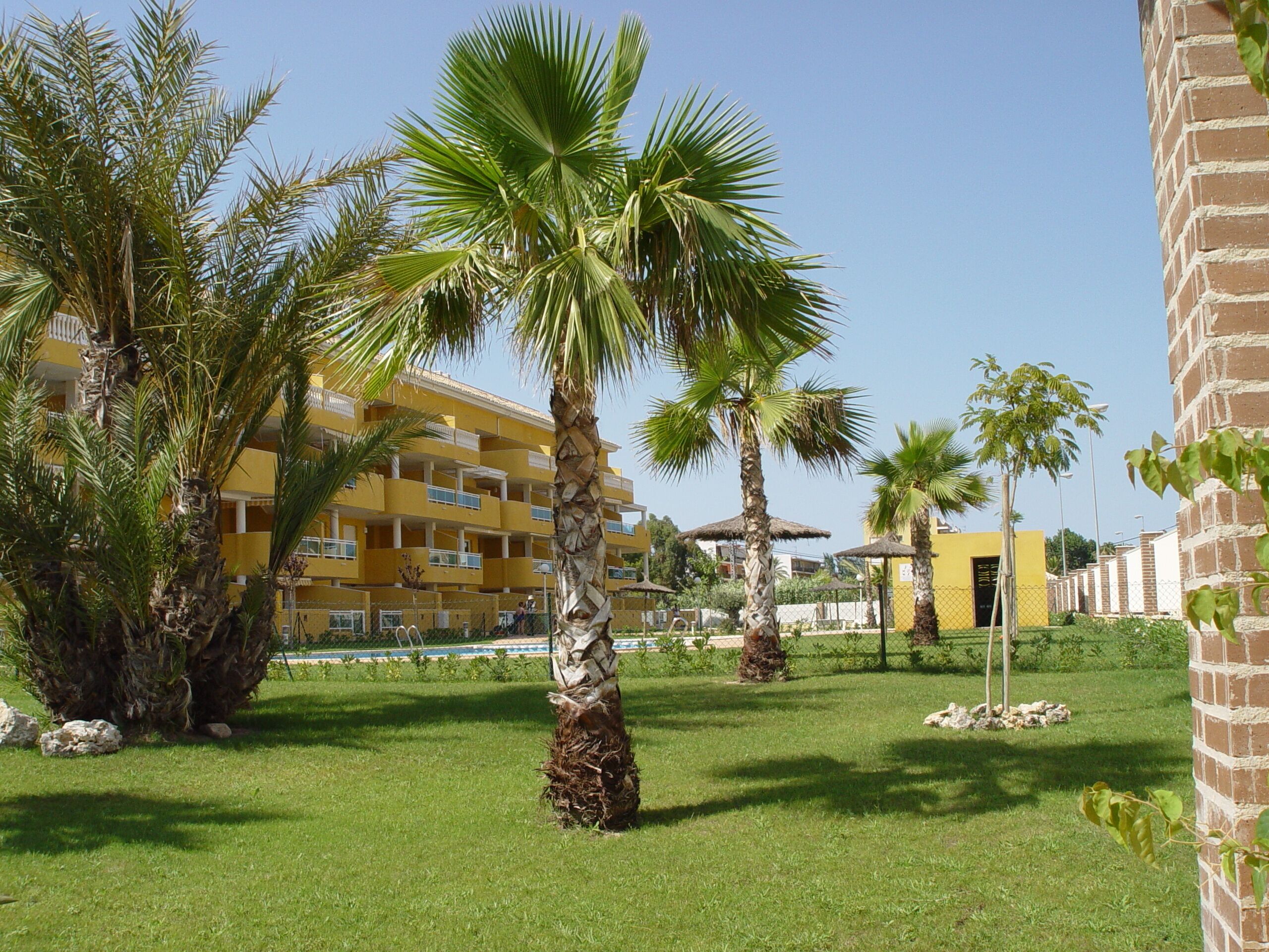A hotel with a yellow facade, palm trees, and a brick wall.