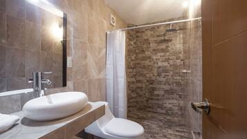 Shower, free toiletries, hair dryer, towels
