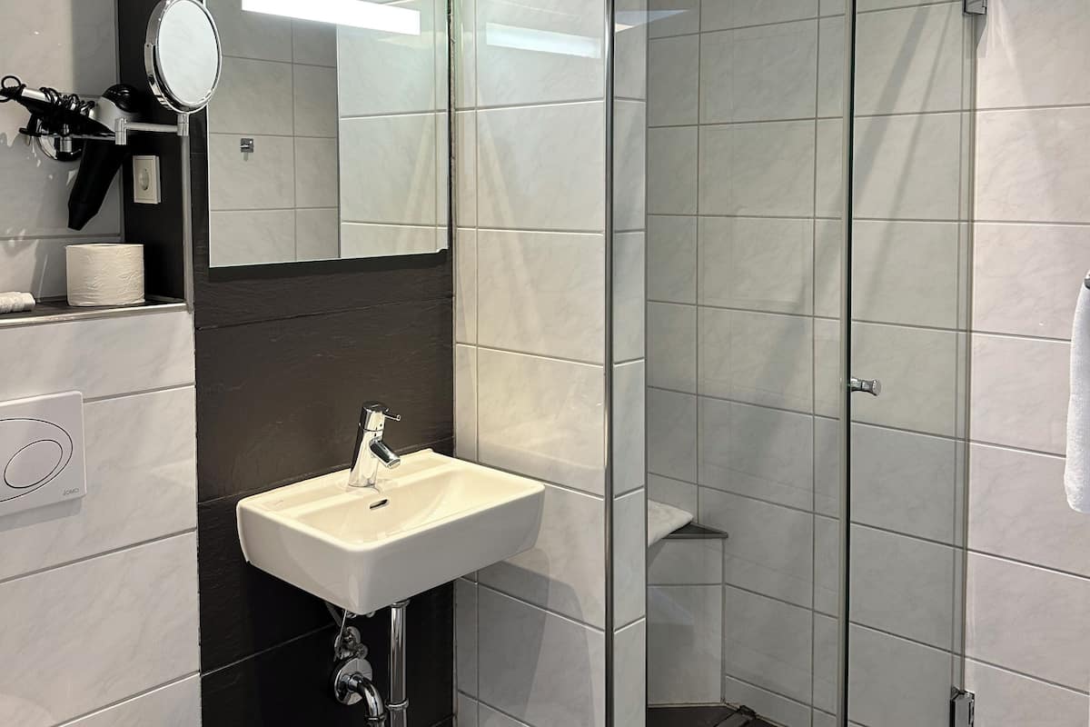 Shower, free toiletries, hair dryer, towels