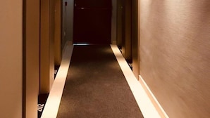 Een smalle, beklede gang met inbouwverlichting en deuren aan beide kanten, die uitkomt op een donkere kamer aan het einde.