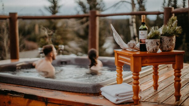 Een houten terras met een jacuzzi, een fles wijn en decoratieve potten.