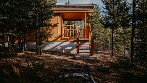 Een houten chalet met een veranda, omringd door bomen.