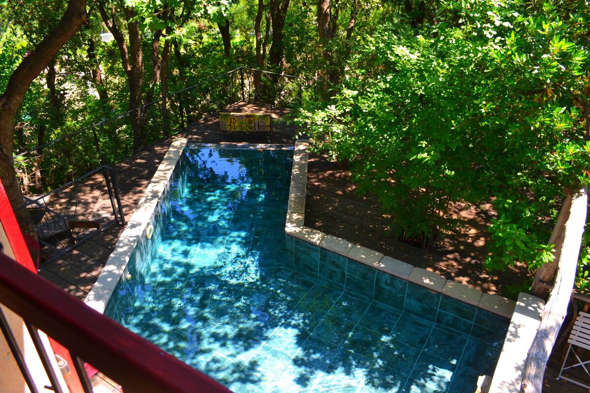 A rectangular swimming pool with clear blue water, surrounded by lush greenery and trees.